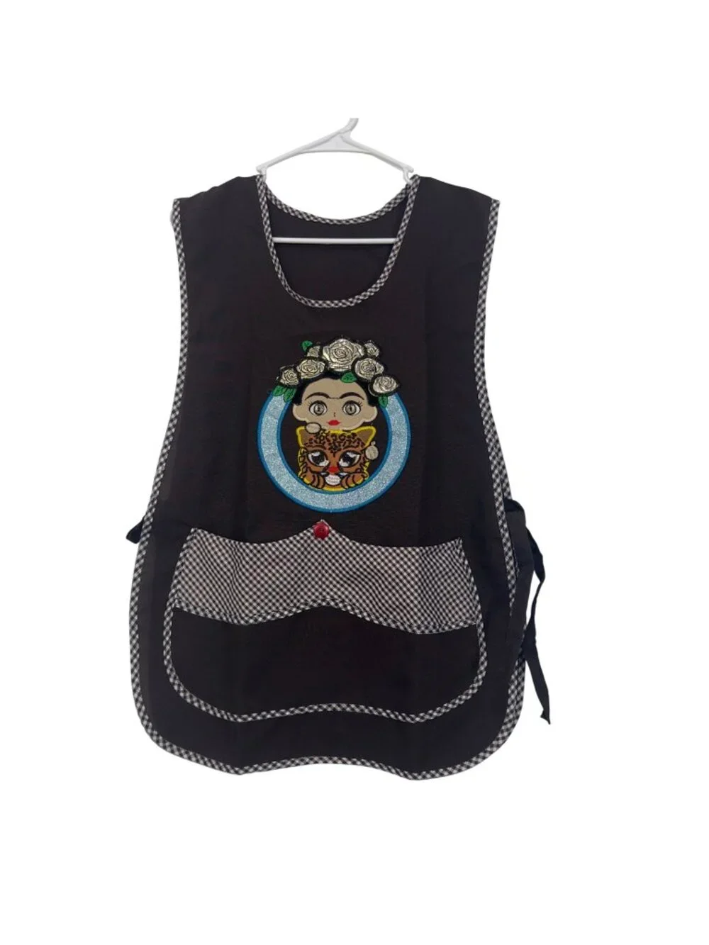 Apron Classic Women One Size Brown Frida-Inspired Embroidery Front Pockets